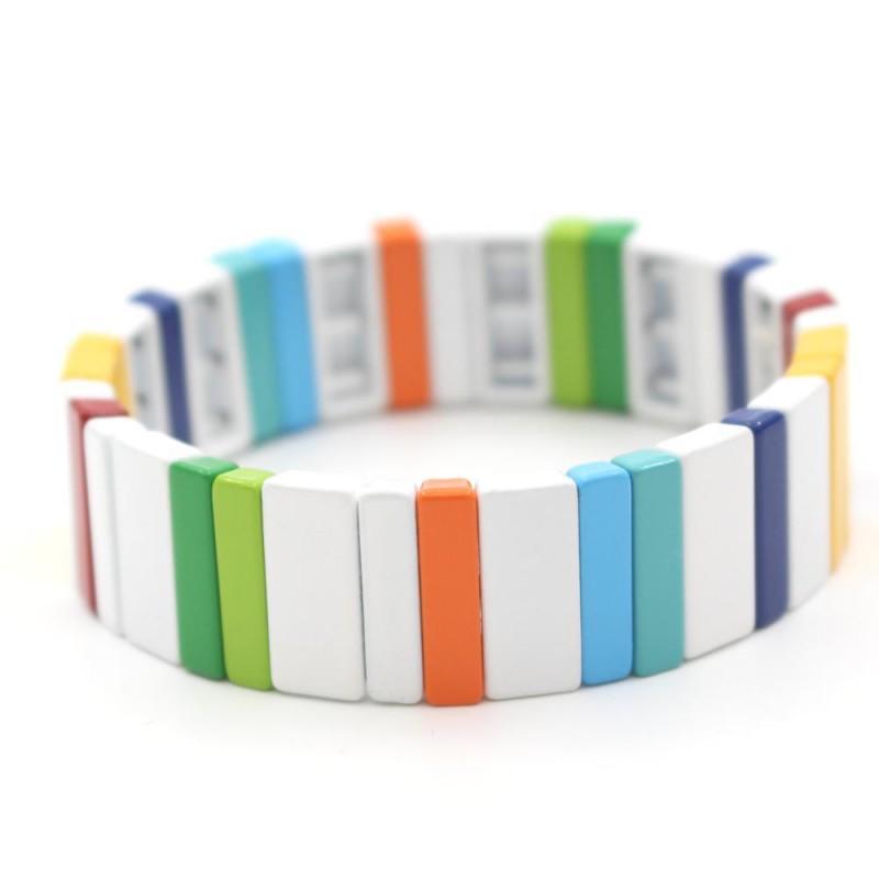 Geometric Enamel Bracelet With Rainbow Beads Multi-Layer Stackable Alloy Bangle Couples Unisex Jewelry