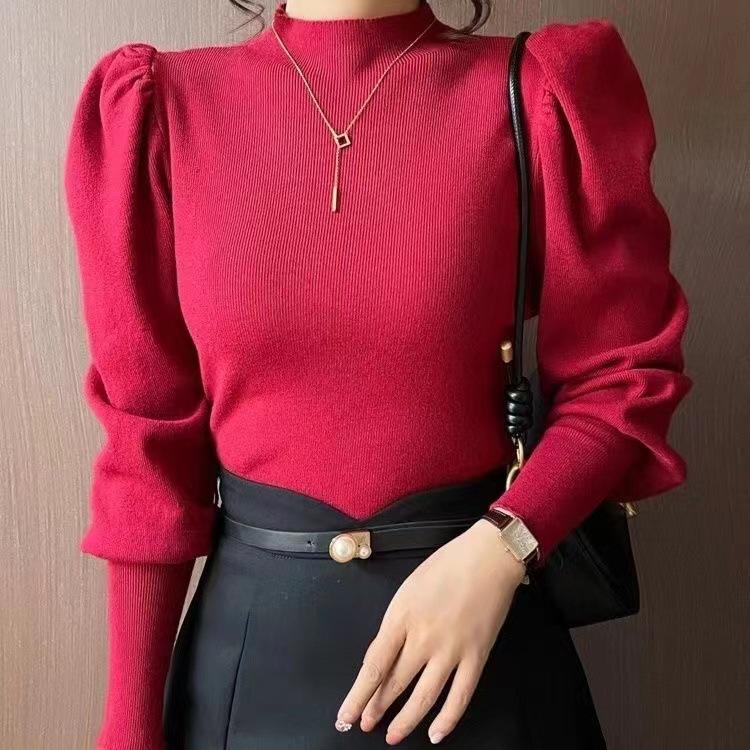 Half High Neck Sweater with Bubble Sleeves Knitted Sweater for Women In Autumn and Winter
