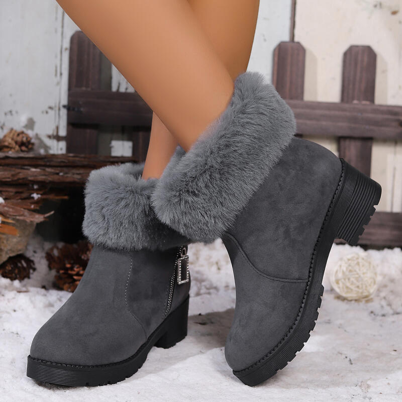Fashion Elegant Furry Snow Boots Women 2025 Winter Non Slip Medium Heel Fluffy Fur Ankle Boots Retro Side Zip Cotton Mom's Shoes Autumn