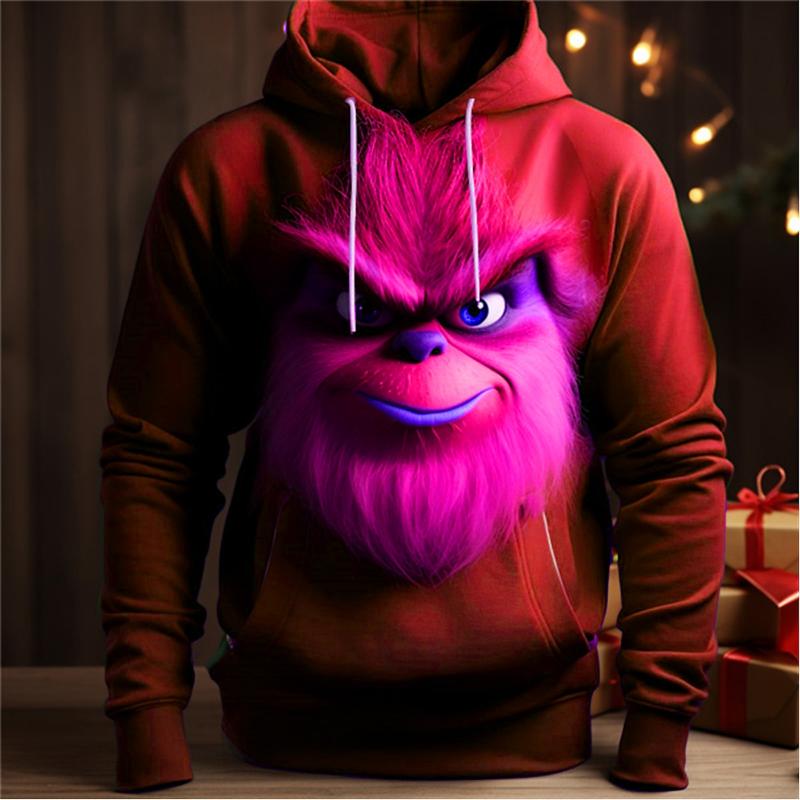 Men's hooded sweatshirt with quirky patterns for daily casual wear, retro style, long sleeved, and vacation sports