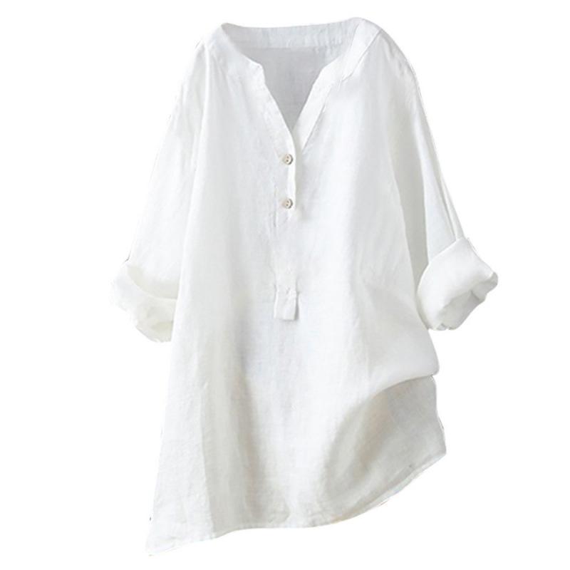 European & American Loose Plain Stand Collar Button Long Sleeve Cotton Linen Top for Women