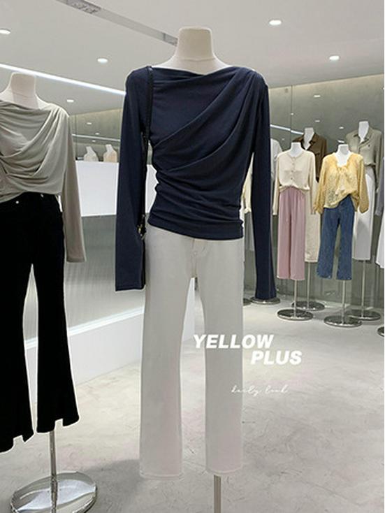 New 2024 Off-Shoulder Ruched Long-Sleeve T-Shirt, Rayon 1x1, 260g, High-End.