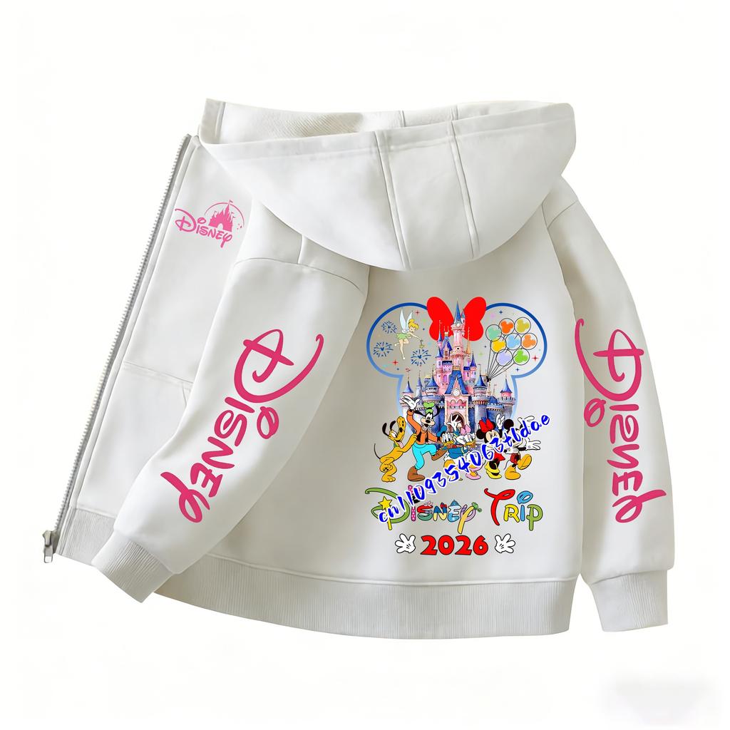 2026 Family Trip Kids Zip Up Hoodie Cute Cartoon Mouse & Friends Graphic Casual Hooded Jacket