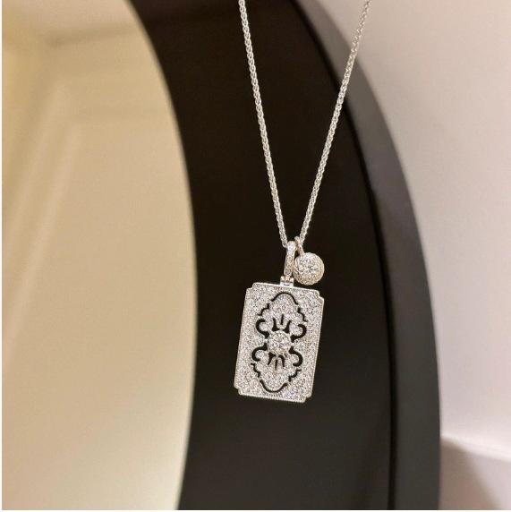 925 Sterling Silver Vintage Diamond Pendant Necklace – French Retro Court Style for Women