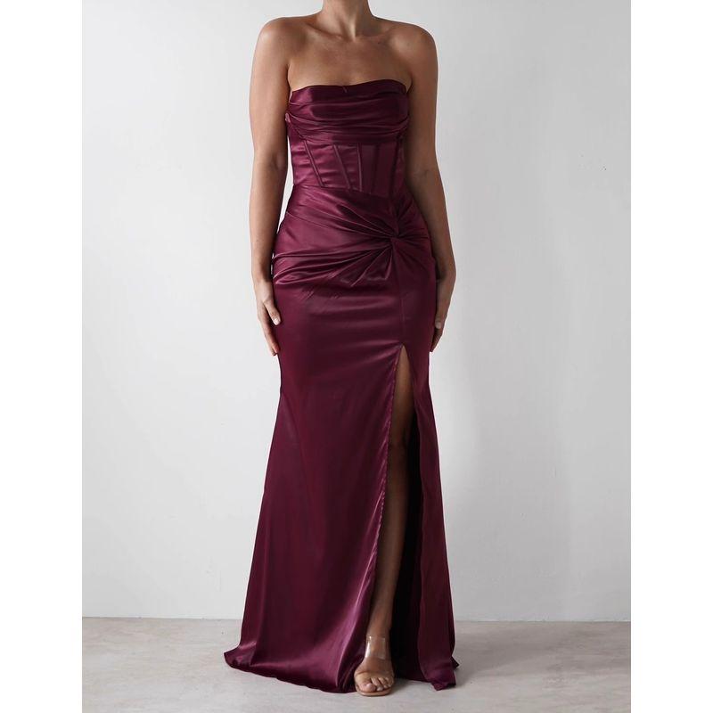 

Foreign Trade Order Ma Home Smooth Fabric Satin Slim fit Slimming Kinky Wrap-around Sexy Gyaru Split Dress Chest Pad Burgundy S