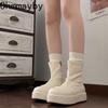 Winter Chunky Elastic Slim Woman Ankle Boots Fashion Platform Flats Shoes Female Cosy Soft Leather Mordern Short Booties