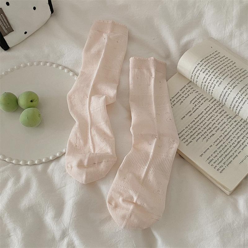 Ladies Summer Thin Simple Hollow Love Bow Lace Boneless Tube Stack Socks