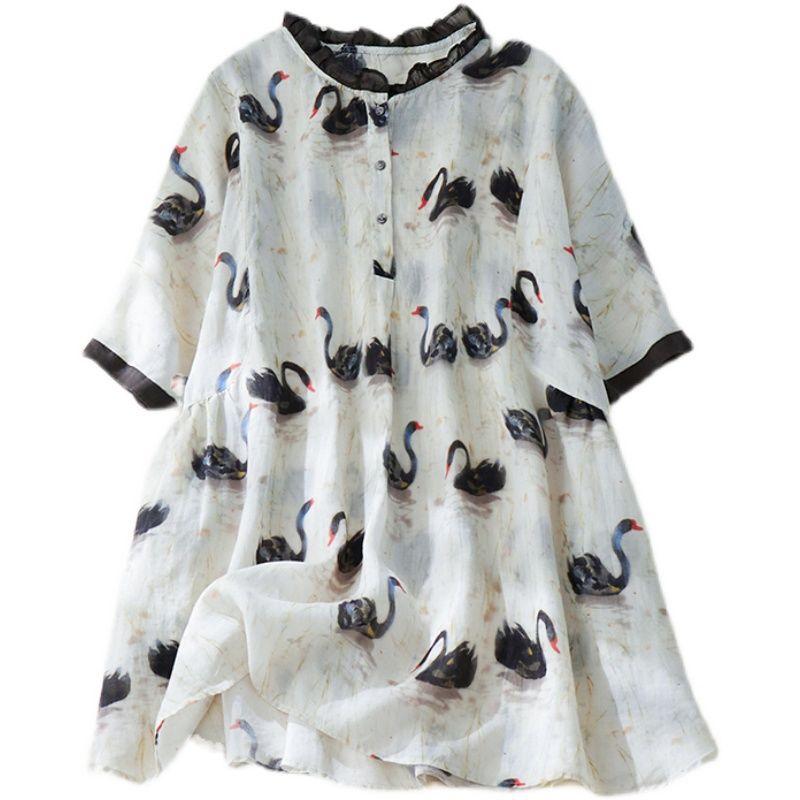 Japanese Retro Printed Cotton Linen Shirt Temperament Wood Ear Lace Pullover for Women