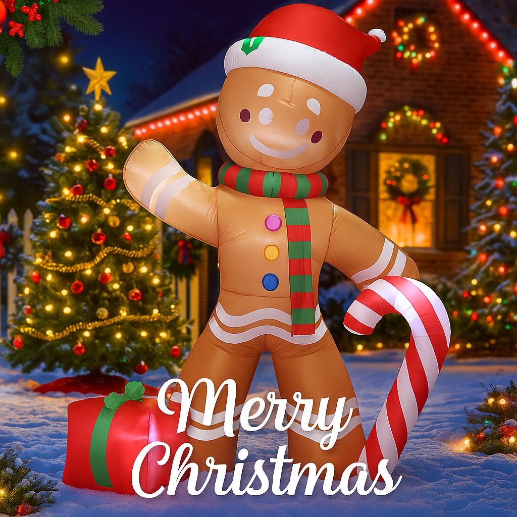 7.87FT Inflatable Gingerbread Man Christmas Home Decoration LED Xmas Yard Party Ornament Candy Cane Festive Gift Toy Supplies