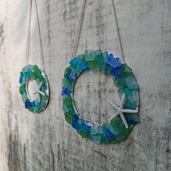 Sea Glass Wreath Handmade Coastal Style Christmas Ornament for Front Door Window Kitchen Cabinet Chair Wall Home Decor