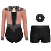 Girls Gymnastics Figure Skating Dance Set 3Pcs: Long Sleeve Keyhole Back Rhinestone Leotard with V-Front Shorts & Hair Band