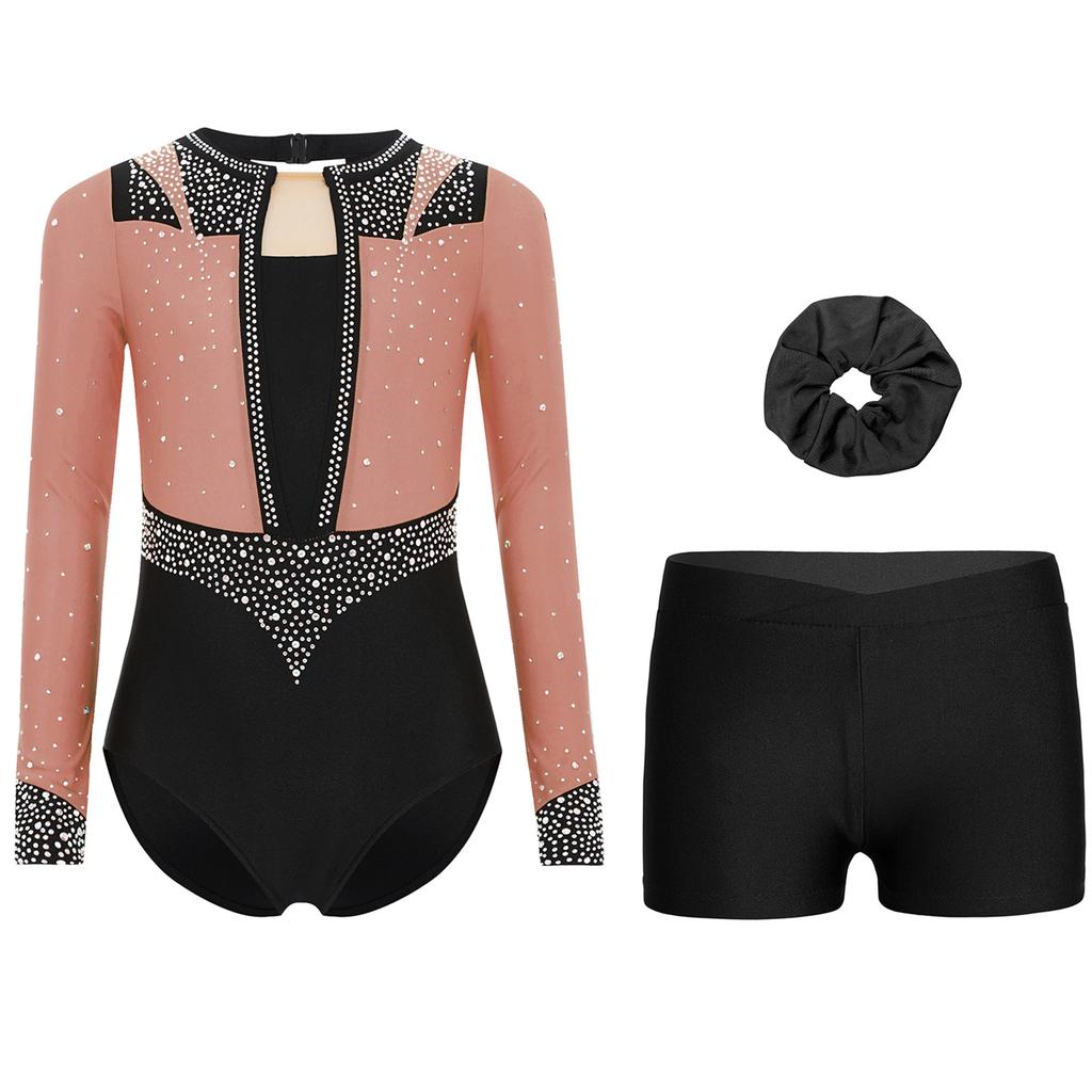 Girls Gymnastics Figure Skating Dance Set 3Pcs: Long Sleeve Keyhole Back Rhinestone Leotard with V-Front Shorts & Hair Band