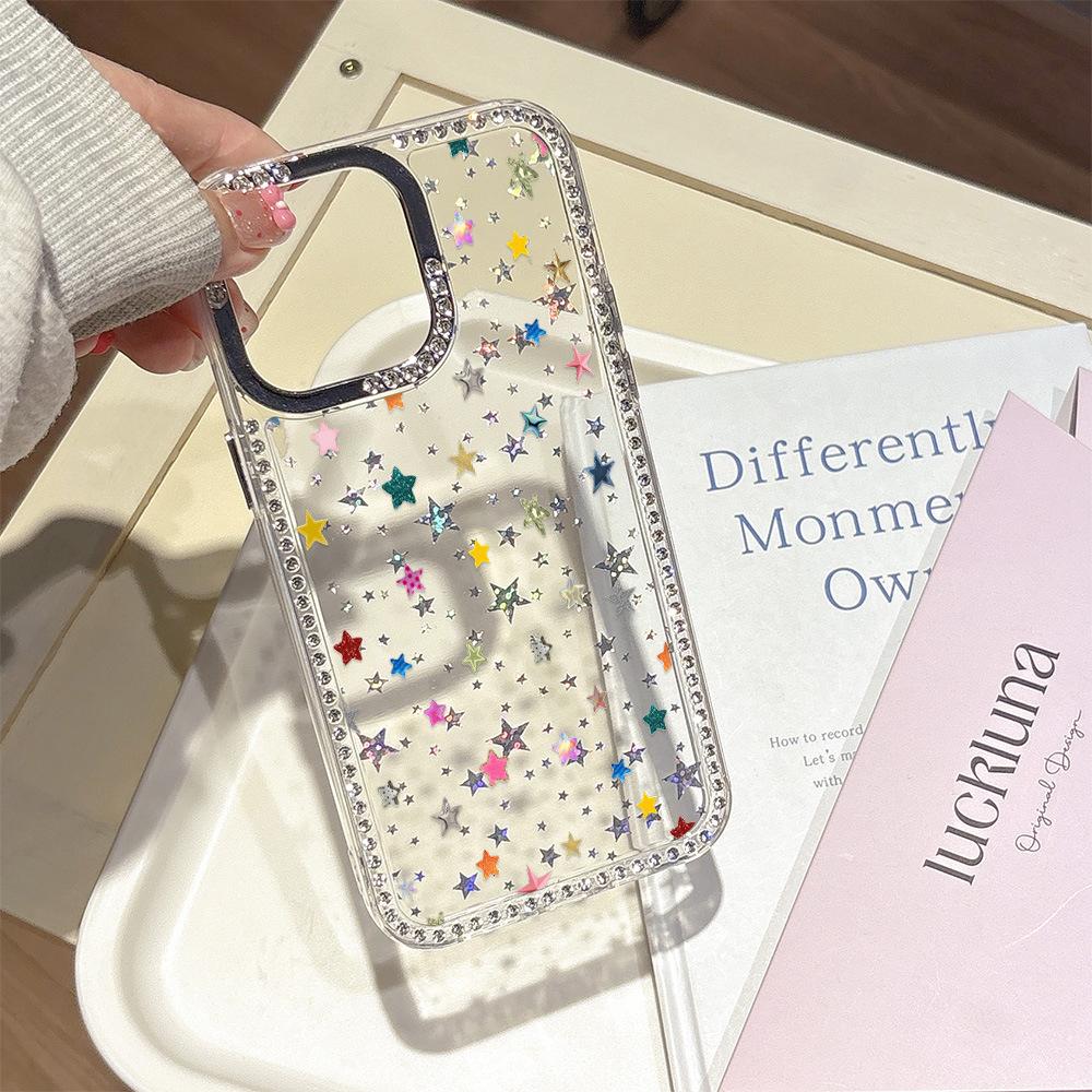 Applicable to iPhone16 flash diamond star mobile phone case full screen color star diamond Apple 17PROMAX hard case 15