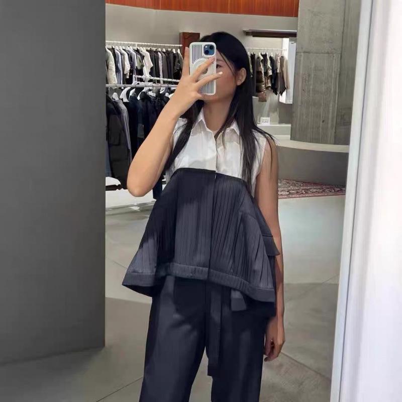 FOG SACAI 2025 Spring/Summer Women's Japanese Style Sleeveless Patchwork Denim Lapel Collar Top