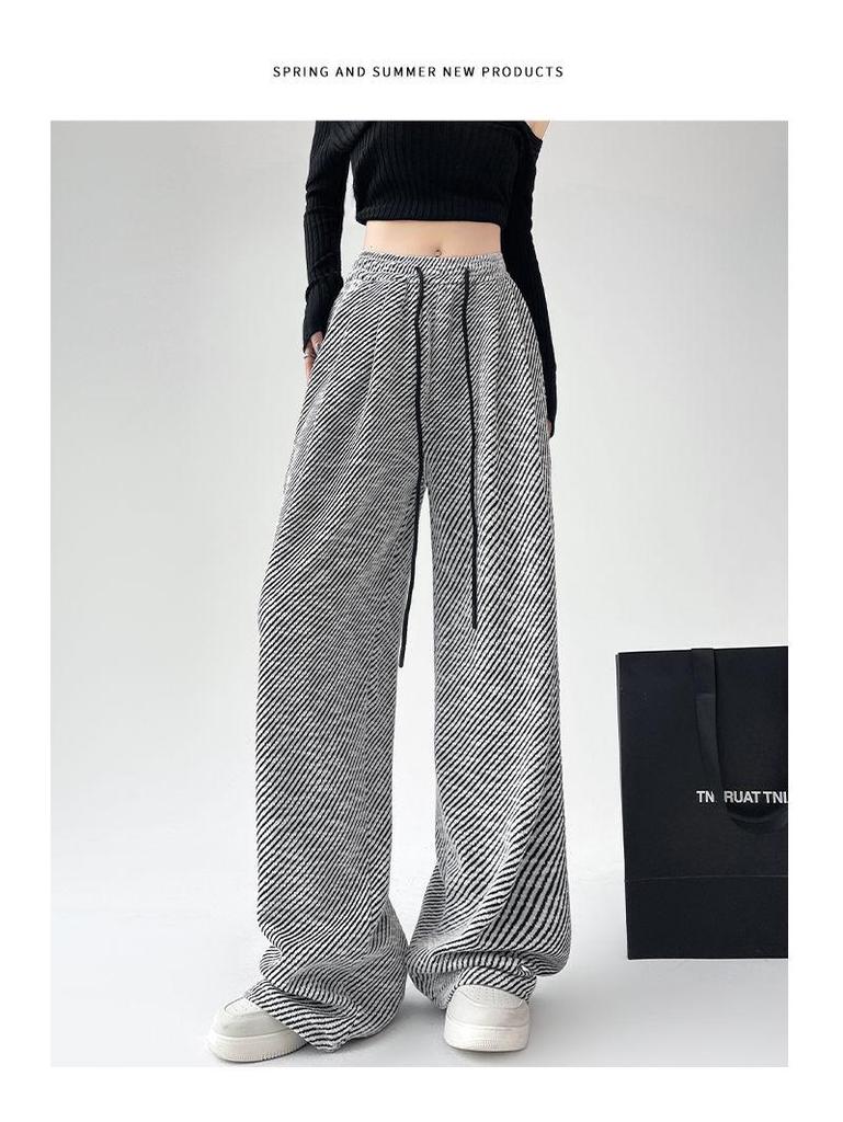 Women's Gray Striped High-Waisted Wide-Leg Pants - Floor-Length Slimming Drapey Trousers