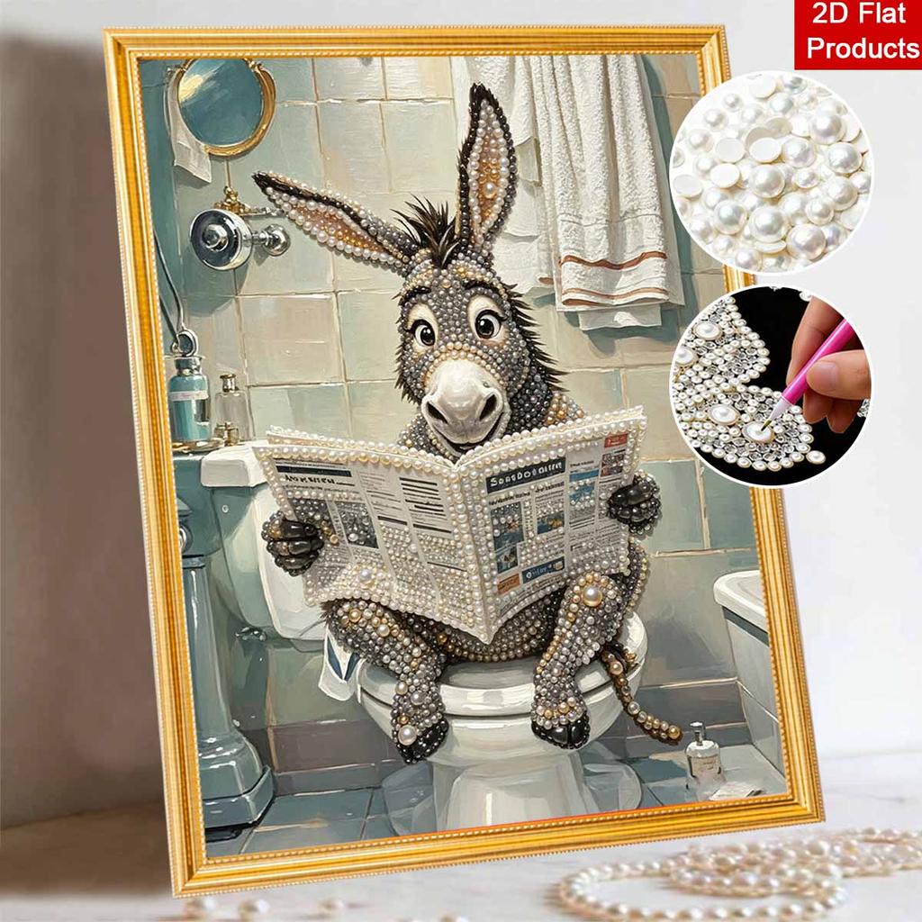 Unique 5D Framed Pearl Painting Kit with Funny Reading Donkey Pattern Sparkling Bead Art Canvas DIY Handmade Craft for Living Room Decor