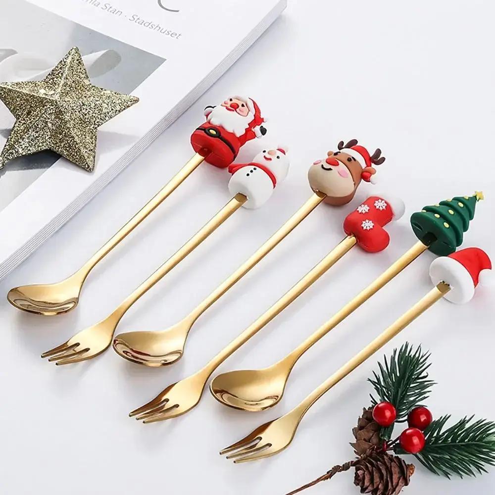 (2/6pc) Christmas Spoon and Fork Set Stainless Steel Creative Tableware Coffee Tea Dessert Spoon and Fork Exquisite Gift Set