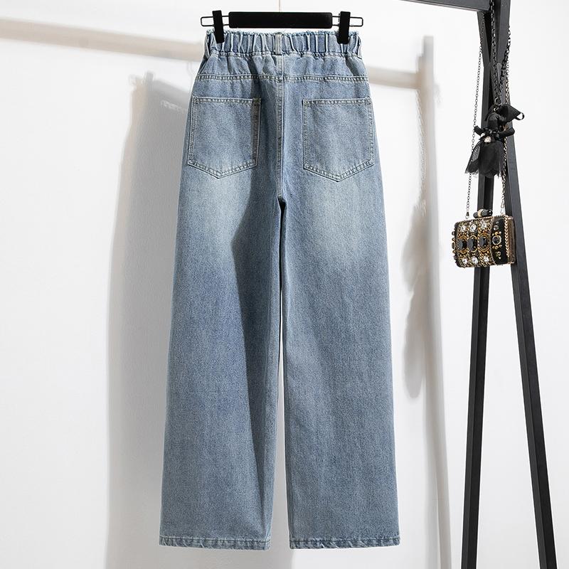 DIMANAF 2024 Plus Size Women Pants Autumn Trousers Loose Wide Leg Pants Casual Vintage Large Size Elastic Waist Blue Jeans