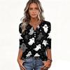 Women V Neck Button Three Quarter Sleeve Top Halloween Print Casual Loose Fit T Shirt for Daily and Holiday Wear