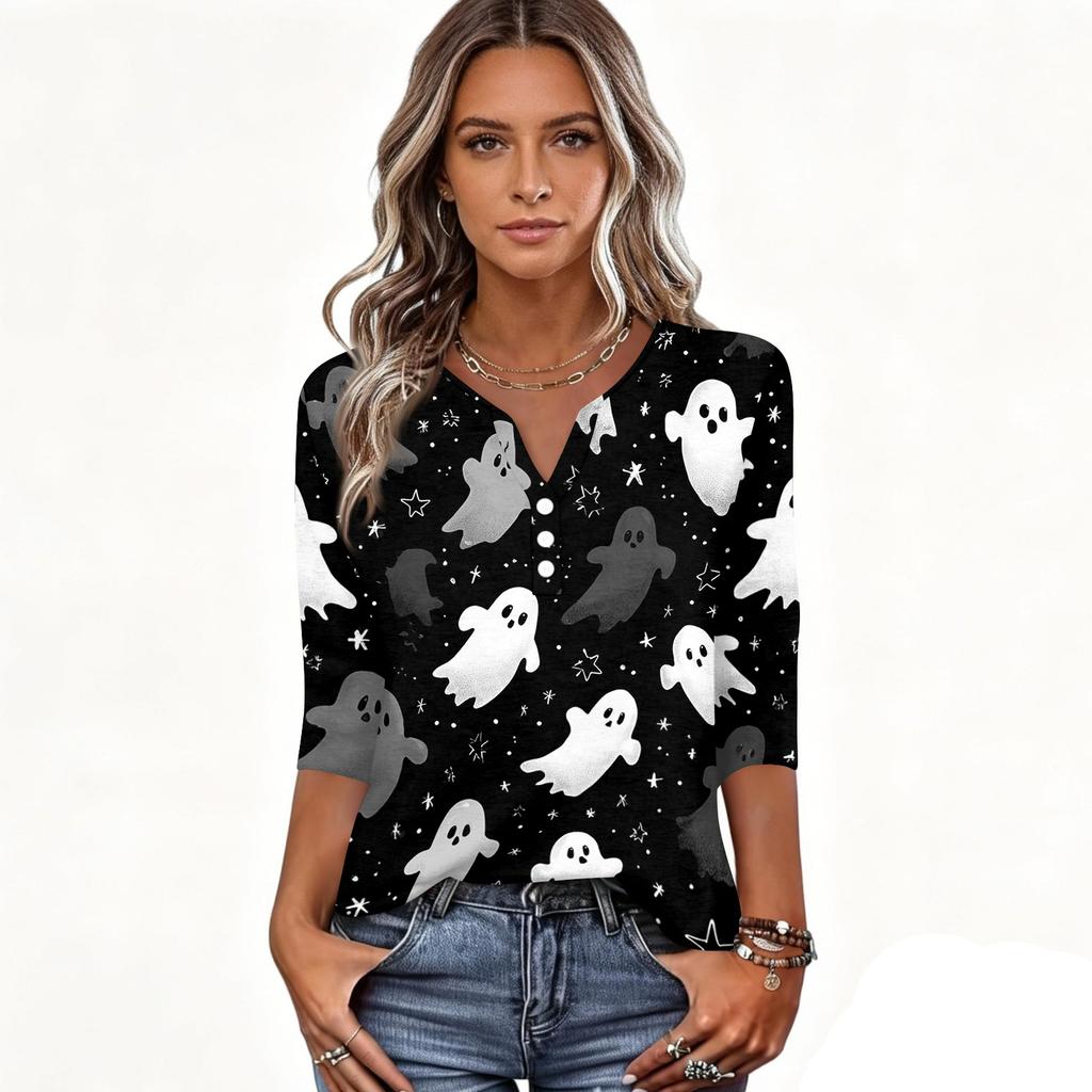 Women V Neck Button Three Quarter Sleeve Top Halloween Print Casual Loose Fit T Shirt for Daily and Holiday Wear