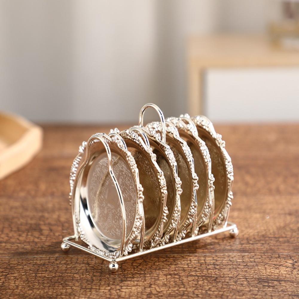 7 Pcs/set Mini Cake Plates Carved Patterned Cup Mat Placemat Alloy Dessert Plate Plated Metal Cake Tray Dishes Rack Set