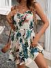 European Summer Tropical Print Halter Backless Beach Dress with Belt