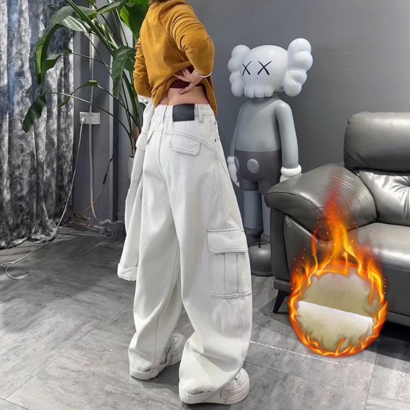 

Plus Size Fleece-Lined Curved Leg White Jeans - Women s Autumn/Winter Slimming Straight, Wide Leg Work Pants 4XL