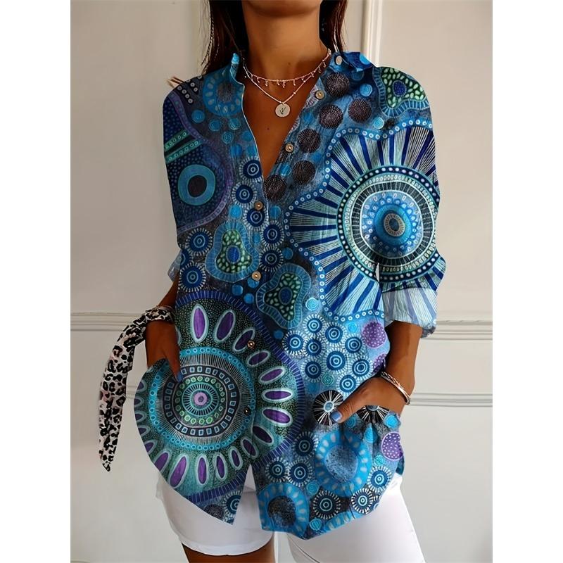 Sommer Mode Damen Revershemd Große Größe Knopf Langarm Täglich Wochenende V-Ausschnitt Oberteile Floral Bedruckt Locker Lässig Hemd