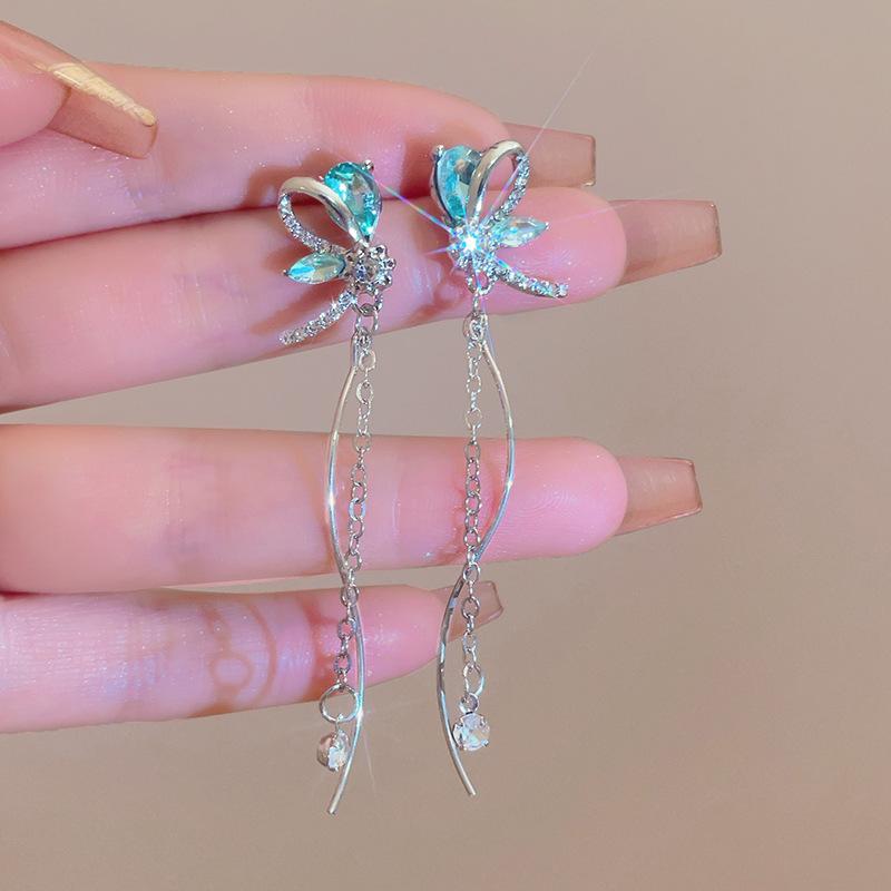 Korean Dragonfly Tassel Earrings Sweet Shiny  Long Tassel Ear Clips Wedding Jewelry