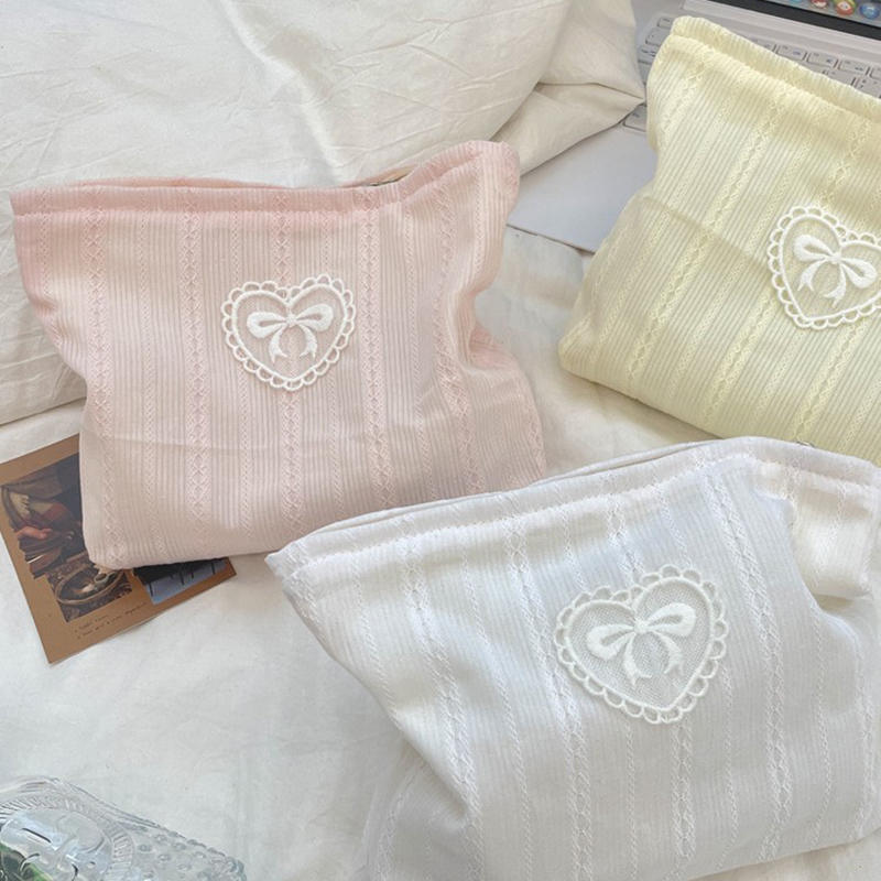 Beautiful INS Simplicity Cosmetic Bag Sweet Embroidery Bow Striped Makeup Case Portable Travel Earphone Cable Storage Bags