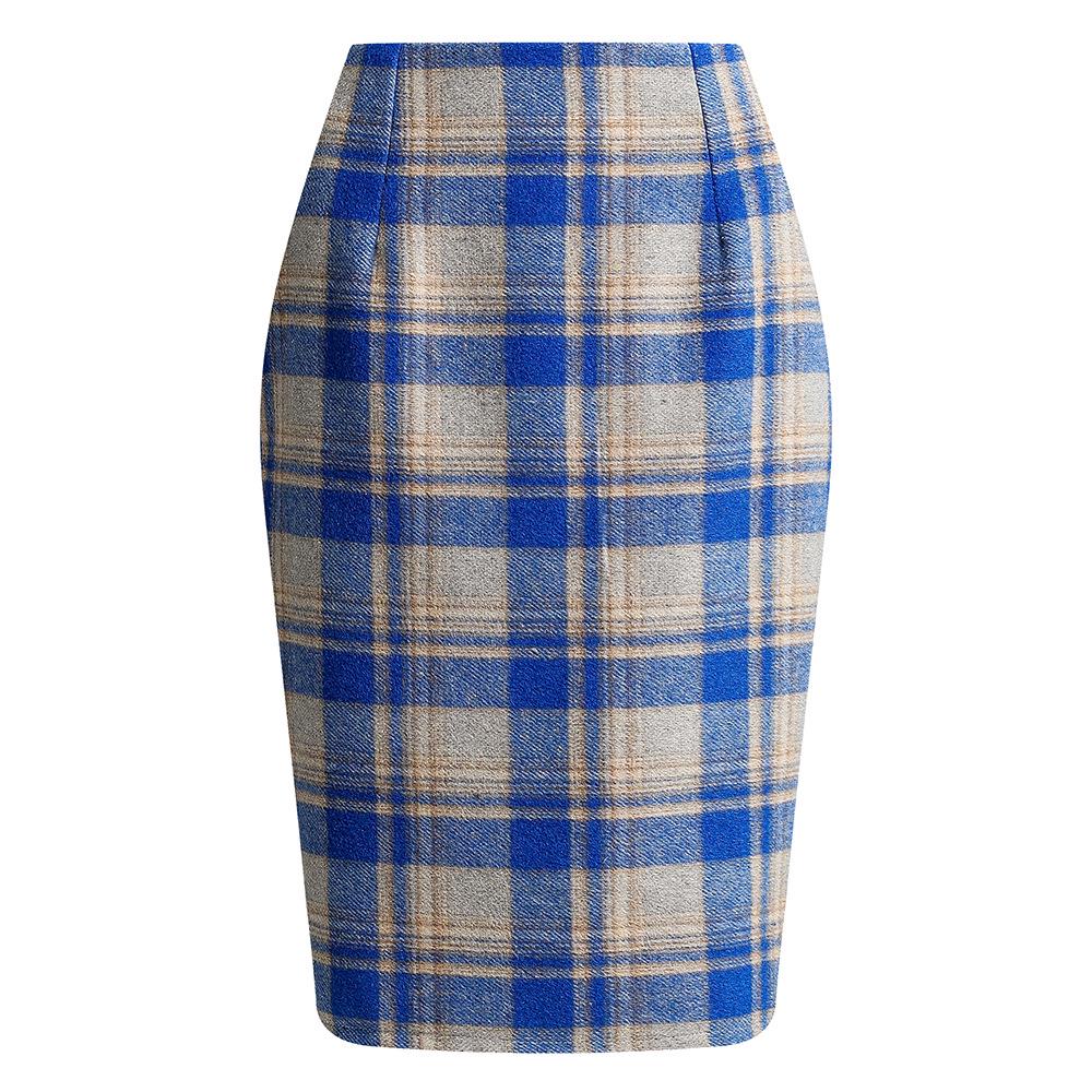 High-Waisted Women's Plaid Pencil Skirt - Knee-Length Wool Skirt for Autumn and Winter