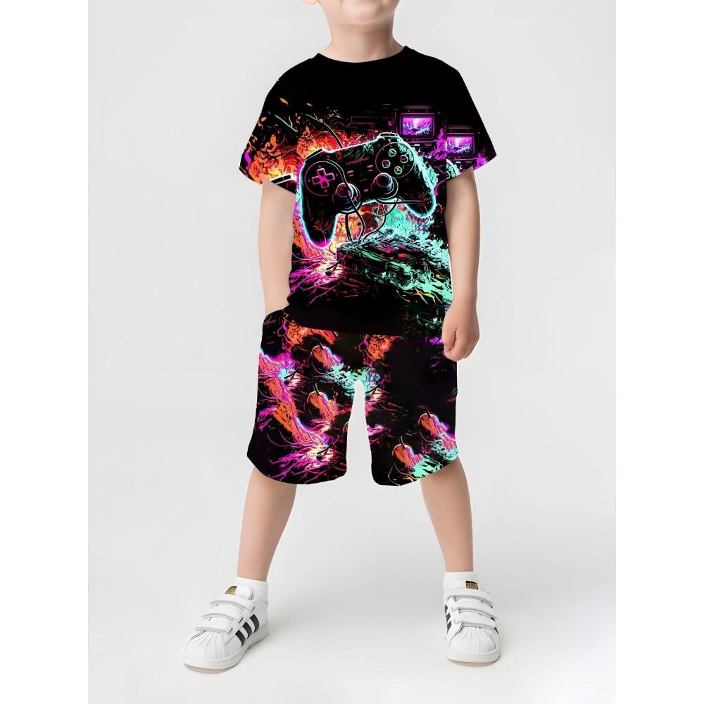 

2025 Летний новый детский комплект, летний комплект для девочек, футболка с коротким рукавом, шорты для мальчиков, повседневный комплект с круглым вырезом и принтом 3D-короны для детей 140 cm