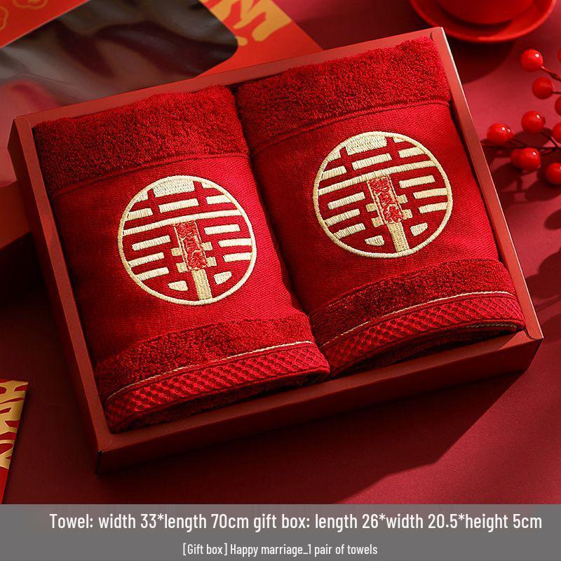 Red Wedding Towel Pair - Bride's Favors, Gift Boxed, Ideal for Dowry