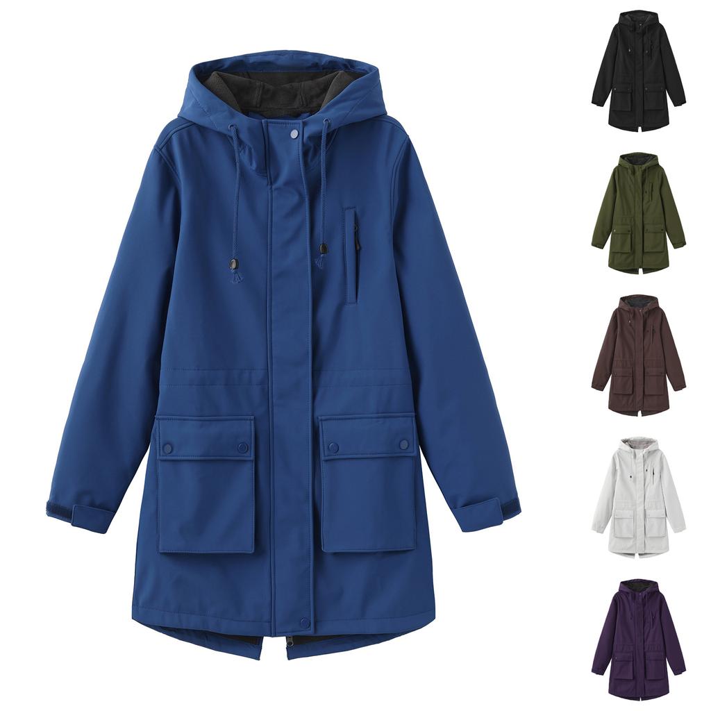 Women's Fashionable Casual Solid Color Long Sleeved Pocket Jacket Hooded Coat Windbreaker