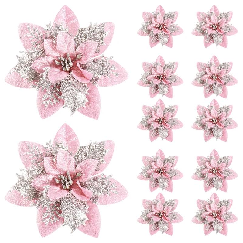 5pcs Glitter Pink Christmas Flowers Xmas Tree 14cm Artifical Flower Ornaments 2025 Merry Christmas Decoration For Home New Year