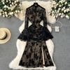 Fancy Adult Lady Like Woman Wear Sexy See-through Mesh Flared Sleeves Retro Print Silm Split Fishtail Skirt Dress