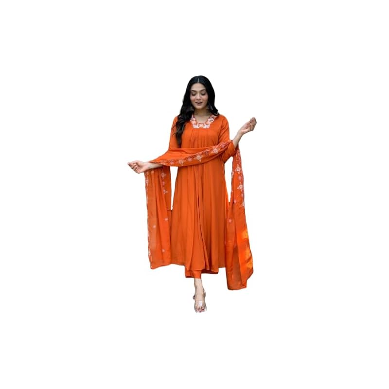 GoSriKi Women's Rayon Blend Anarkali Thread Work Kurta with Pant & Dupatta (ASHVTHAMA ORANGE-GS_S_Orange_Small)