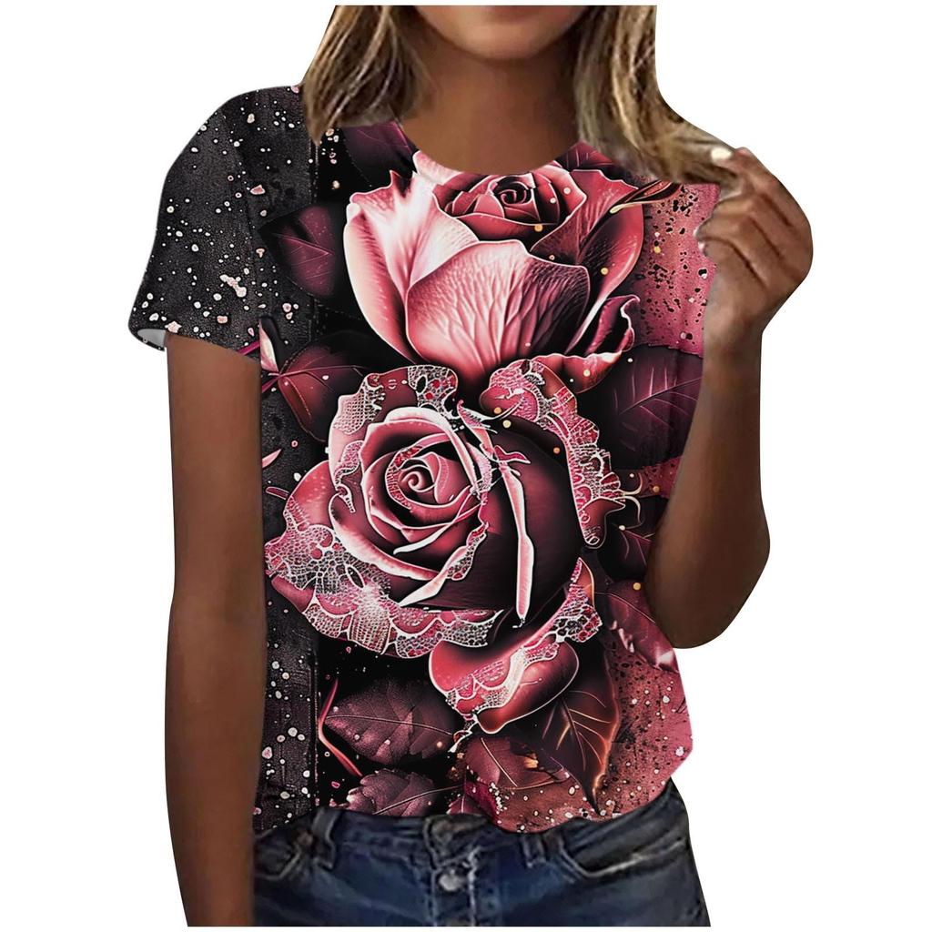 Summer Round Neck Women's T-shirt Fashion 3D Printing Colorful Floral Print Short Sleeve T-shirt Casual Sports Top