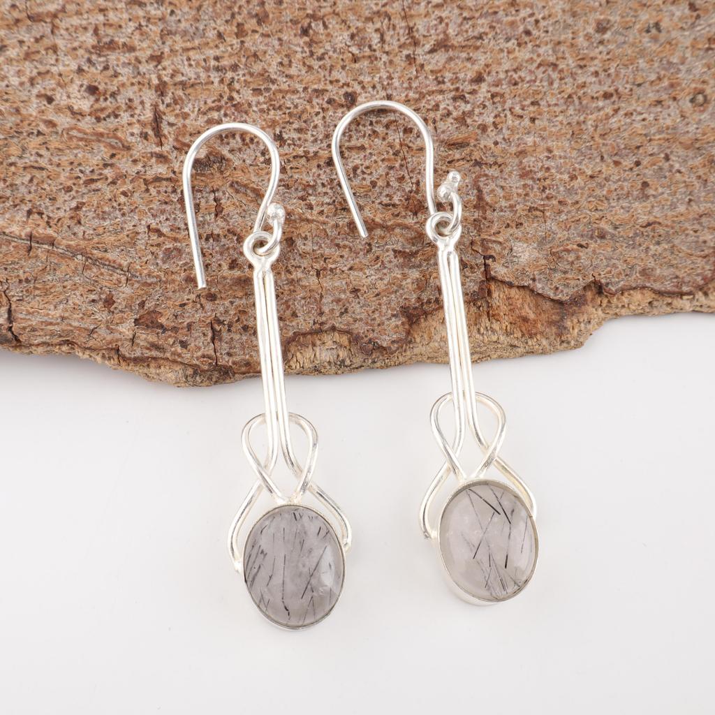 Black Rutile Earrings, Handmade Gemstone Earrings, 925 Solid Sterling Silver Earrings Antique Jewelry, For Anniversary Gift