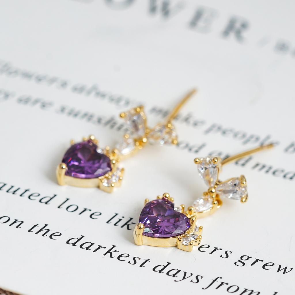 White Purple Flash Love Copper Gold-plated Zircon Stud Earrings Women's 1011 New High-end Earrings, Unique and Beautiful Earrings