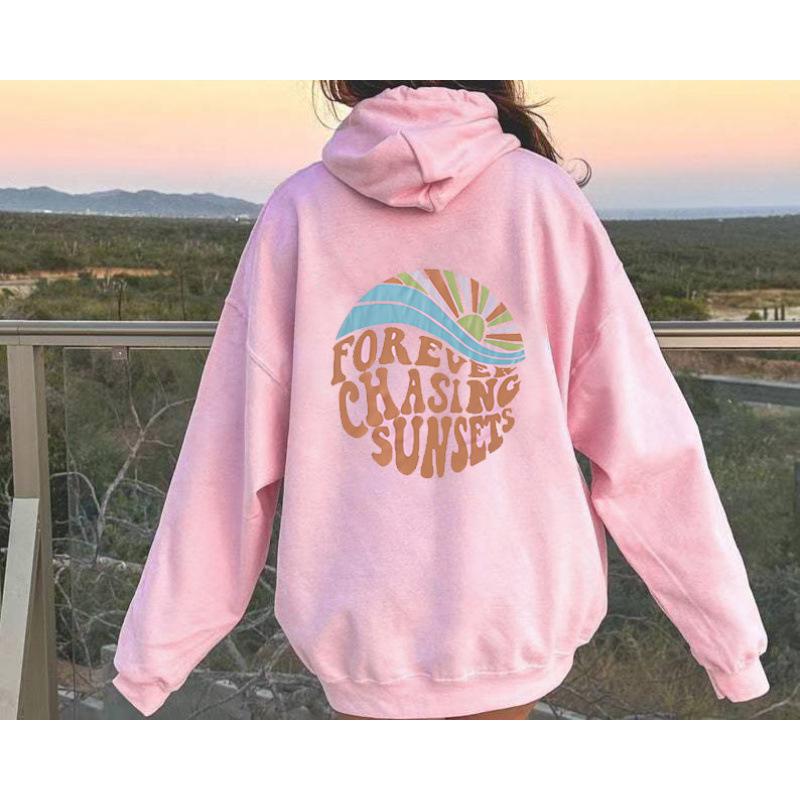 2024 Women's Fleece-Lined Sunset Print Hoodie with Kangaroo Pocket & Drawstring