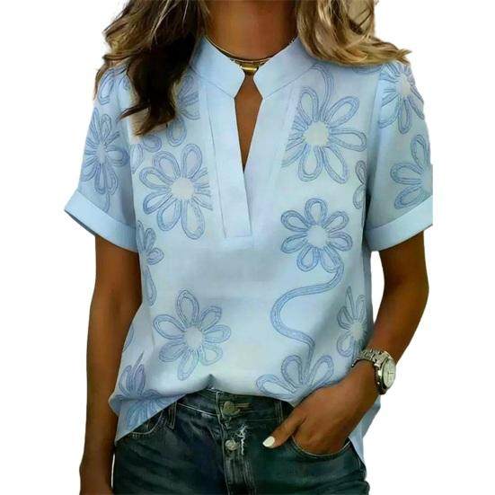 

Women Shirt V-Neck Short Sleeve Solid Color Loose Fit Pullover Tops Embroidery Flower Pattern Summer Tops Daily S D