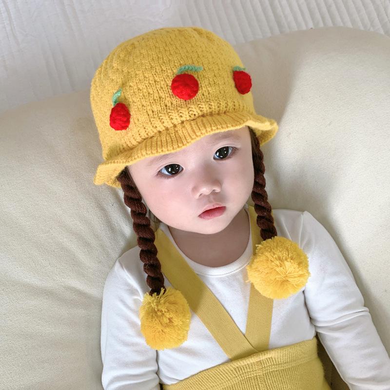 Knitted Princess Hat Cute Cartoon Cherry Wig Braid Winter Ear Protection Warm Windproof Hat For Party