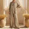 Women's Round Neck Irregular Hem 3/4 Sleeve Linen Look Top and Wide Leg Pants 2 Piece Casual Outfit
