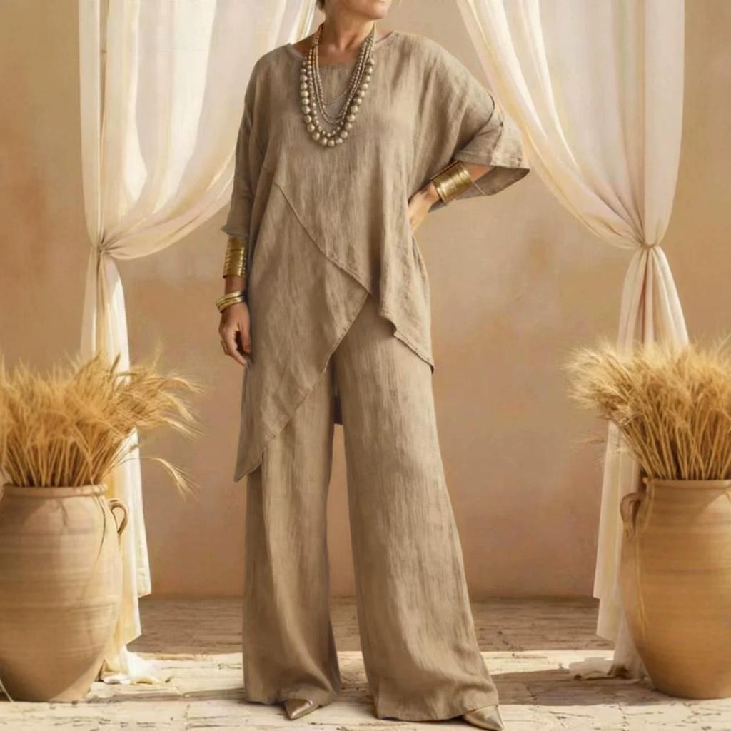 Women's Round Neck Irregular Hem 3/4 Sleeve Linen Look Top and Wide Leg Pants 2 Piece Casual Outfit