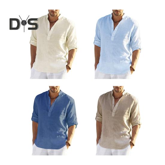 Men Shirt Stand Collar V-Neck Long Sleeve Pullover Tops Breathable Solid Color Casual Tops Daily Wear