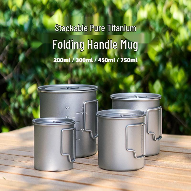 Portable Titanium Camping Mug with Lid - Folding Handle, Single Layer, Anti-scalding Design for Outdoor Travel