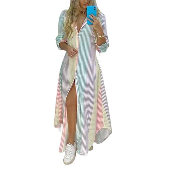 Revers Langarm Unregelmäßige Saum einreiher Hemd Kleid Frauen Mode Druck Lose Maxi Kleid Weibliche Kleidung