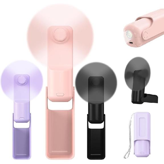 3 PCS Portable Mini Handheld Fans, 3 In 1 Foldable Small Pocket Fan Desk Personal Fan with Flashlight 3 Speeds, USB Rechargeable Battery Operated,