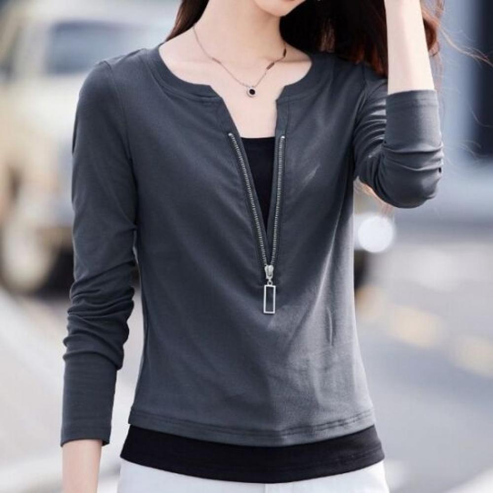 Navava Women Layered Zipper PoinT Long Sleeve T shirT nT3247